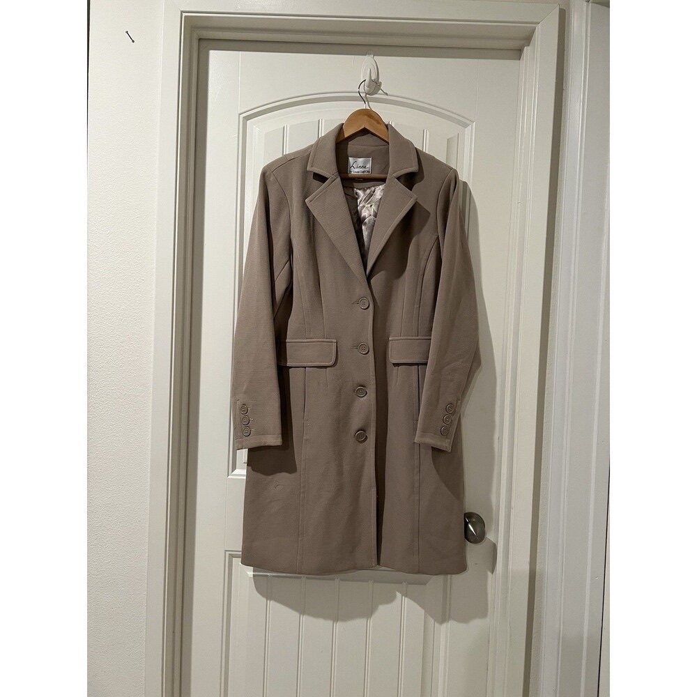 Linea Louis Dell'Olio Tan Button Down Ponte Notched Lapel Long Trench Coat Sz 12